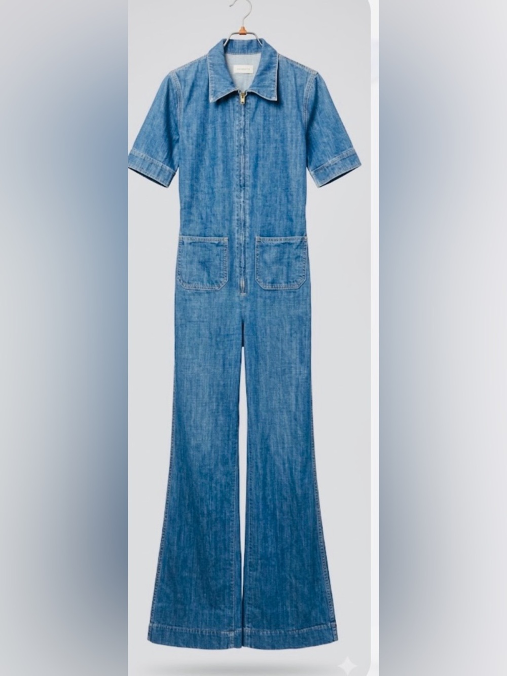 Denim Short-Sleeve Zip-Front Jumpsuit - Blue